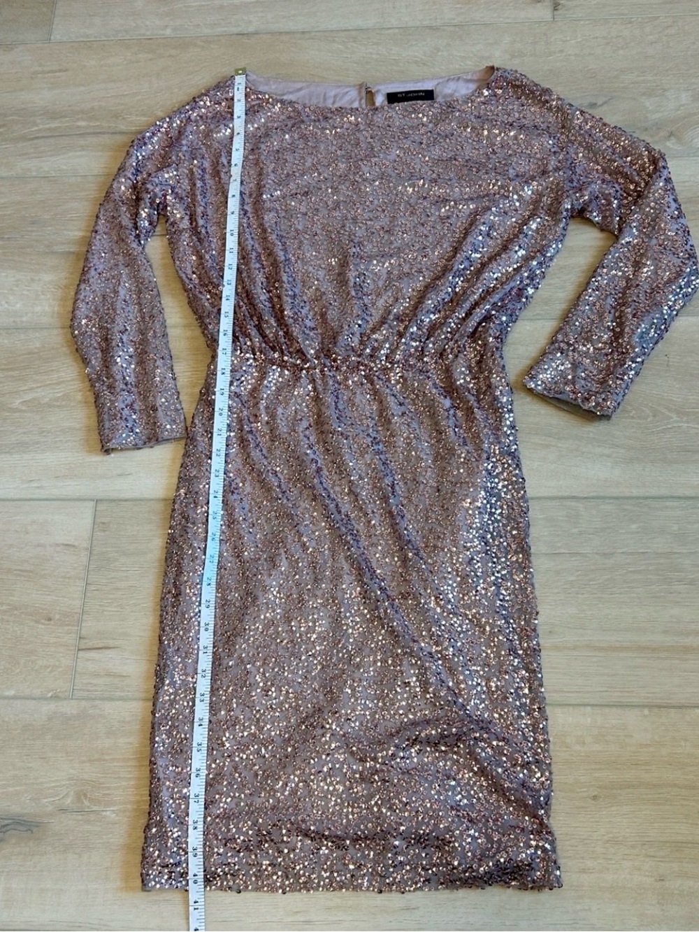 St. John Rose Gold Sequin Metallic Long Sleeve Midi Silk Dress Womens size 4 - Picture 12 of 16